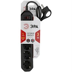 Сетевой фильтр USF-5es-1,5m-B ЭРА (черный) с/з 3x0,75мм2 шторки 5гн 1,5м  Б0019032 - фото 70414