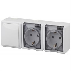 11-7403-01  ЭРА Блок две розетки+выключатель IP54, 16A(10AX)-250В, ОУ, Эра Эксперт, белый Б0027673