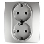 12-2104-03 ЭРА Розетка 2X2P+E Schuko со шторками,16A-250В, IP20, Эра12, алюминий  Б0014701