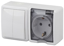 11-7402-01 ЭРА Блок розетка+выключатель двойной IP54,16АХ(10АХ)-250В, ОУ, Эра Эксперт, белый Б0020735
